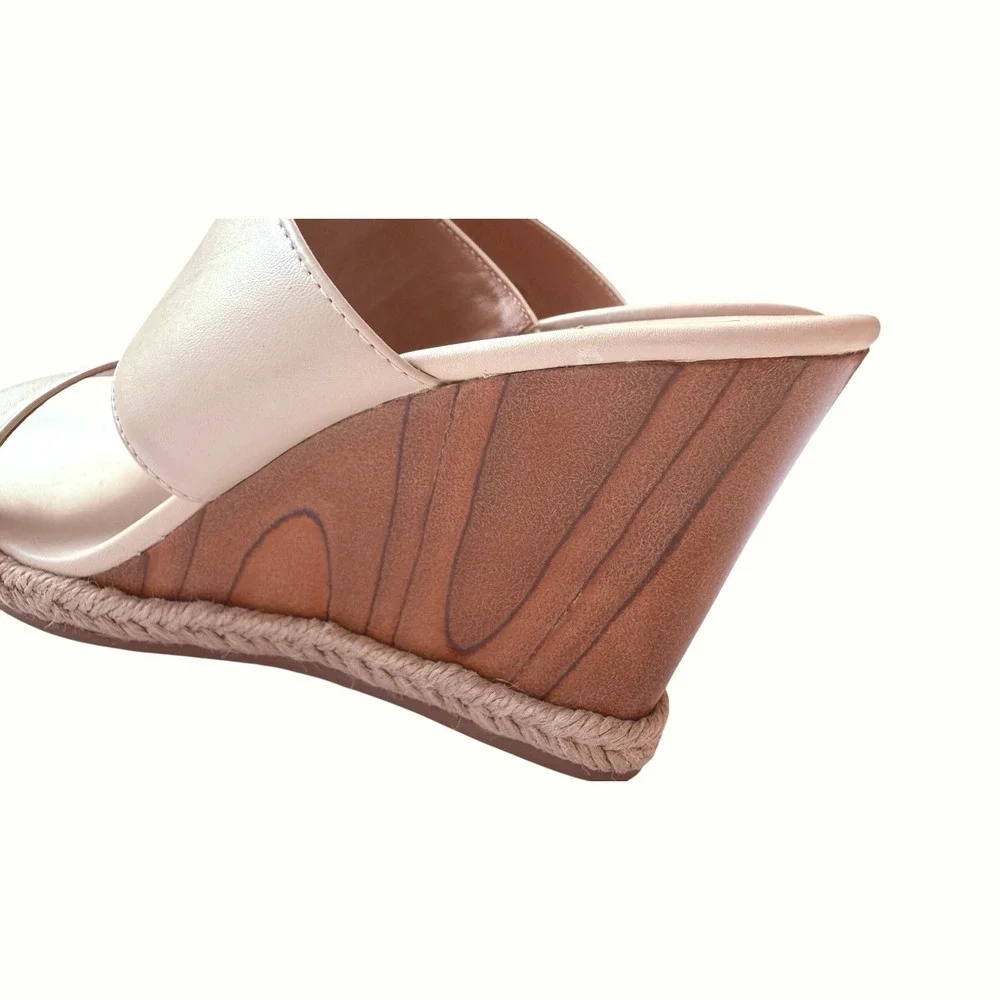 Tory Burch Dulce De Leche Beige Leather Double Strap Wood Wedge Slide Sandals 8M